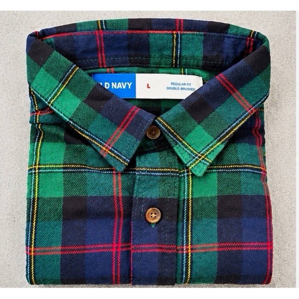 Old Navy Mens L Green Navy Plaid Flannel Shirt Long Sleeve Cotton Button Up NWT